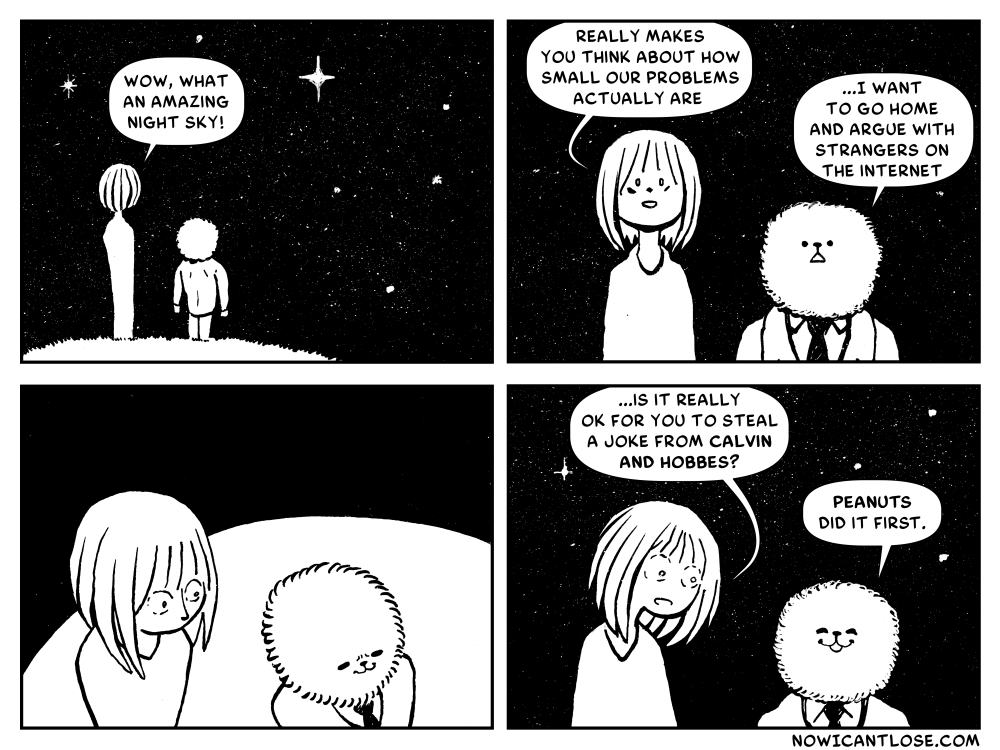 One assumes that Bill Watterson borrowed this joke on accident, but a truly skilled person does everything with purpose, making me the superior cartoonist.